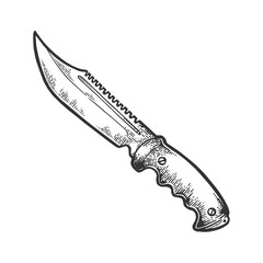 Hunting knife blade engraving vector illustration. Scratch board style imitation. Black and white hand drawn image.