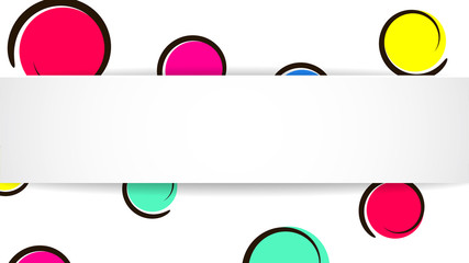 Pop art colorful confetti background. Big colored spots and circles on white background with black dots and ink lines. Banner with 3d paper plate in pop art style. Bright design for flyer, sale, ad