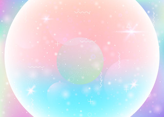 Fototapeta premium Universe landscape with holographic cosmos and abstract future background. Futuristic gradient and shape. Kawaii mountain silhouette with wavy glitch. 3d fluid. Memphis universe landscape.