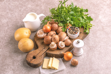 Fresh ingredients for tasty pureed mushroom soup. Healthy food