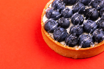 Delicious blueberry tartlet with vanilla cream on bright red background
