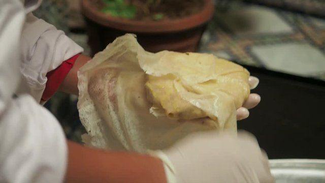 Chef assembling a classic Moriocan dish, a chicken & almond pastillas in Fez, Morocco