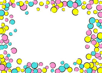 Pop art border with comic polka dot confetti. Big colored spots, spirals and circles on white. Vector illustration. Vibrant kids splatter for birthday party. Rainbow pop art border. © Holo Art
