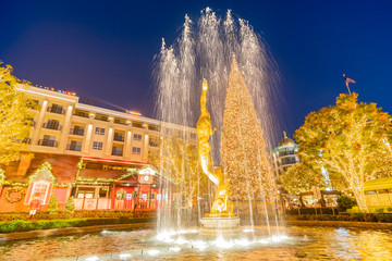 Night view of the fountain and the public art Spirit with christmas tree of American Youth in The...