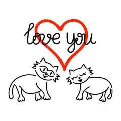Cute, loving cats. Hand drawn vector illustration. Inscription Love, heart.