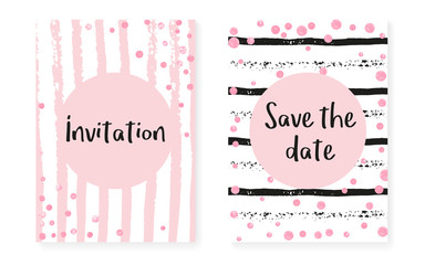 Bridal shower set with dots and sequins. Wedding invitation card with pink glitter confetti. Vertical stripes background. Hipster bridal shower set for party, event, save the date flyer.