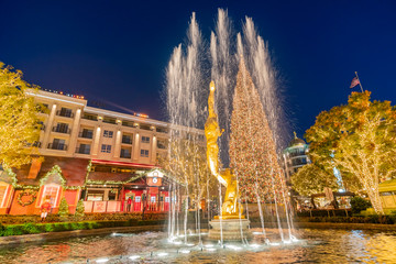 Night view of the fountain and the public art Spirit with christmas tree of American Youth in The...