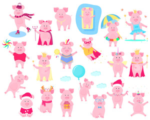 A set of funny piggy characters. Superhero in a raincoat and a mask. Princess in the crown. Pig skating. King. Halloween