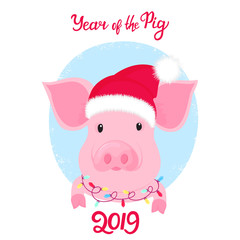 Piggy in Santa's hat with a garland around his neck. Year of the pig 2019 hand lettering.