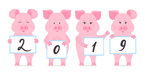 Pigs are holding signs with numbers 2019. Chinese New Year.