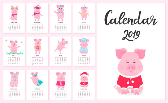 Calendar for 2019 from Sunday to Saturday. Cute pigs in different costumes. Superhero, sailor in a vest, unicorn, Santa Claus. Funny animal. The symbol of the Chinese New Year. Piggy cartoon character
