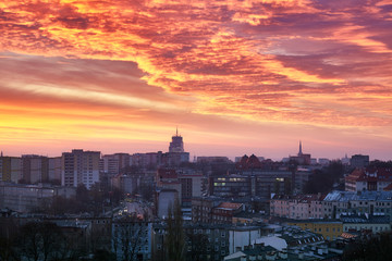 Purple sunrise over Szczecin City, Poland
