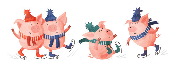 Funny cartoon pigs in colorful knitted hats and scarves. Set of skating pigs in various poses on a white background. Festive seasonal illustration.