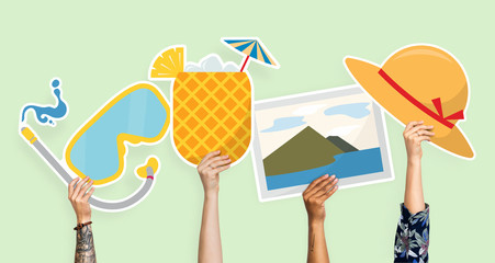 Hands holding beach icons clipart