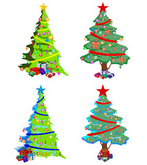 Star decorations, balls and light chains decorated Christmas trees with lots of gift boxes.