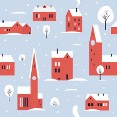 Urban winter landscape with red various buildings, towers in the snow. Small northern cute town. Seamless pattern for winter, new year and christmas theme. Vector colorful illustration.