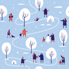 Fototapeta na wymiar Winter walk of parents with children in the snow-covered park. People make snowman and sledding in the forest. Seamless pattern for winter, new year and christmas theme. Vector seasonal illustration.
