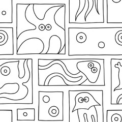 Seamless vector black and white background with hand drawn decorative childlike fish, jellyfish, octopus, starfish. Graphic illustration. Print for wrapping, wallpaper, background, surface, packaging