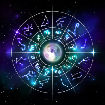 Zodiac circle with astrology symbols with realistic moon. Representation of star signs for astrology horoscope. Zodiac calendar on universe backdrop. Astrology constellation vector illustration
