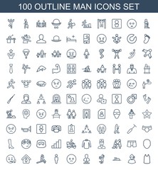 Fototapeta na wymiar man icons. Set of 100 outline man icons included singlet, support, swimmer, volleyball player, bust, sad emot on white background. Editable man icons for web, mobile and infographics.