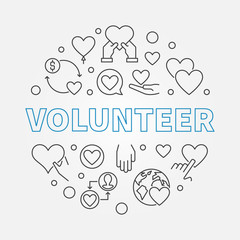 Volunteer round vector outline illustration. Charity and volunteering concept symbol in thin line style