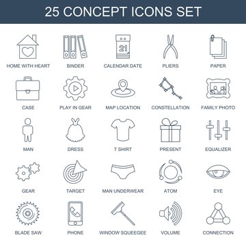concept icons. Set of 25 line concept icons included home with heart, binder, calendar date, pliers, paper on white background. Editable concept icons for web, mobile and infographics.