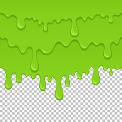 Green sticky liquid seamless element. Realistic dripping slime isolated object. Background with oozing zombie slime. Popular kids sensory game. Paint drips and flowing repeatable vector illustration.