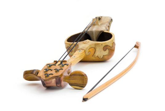 Kazakh national string instrument kyl-kobyz with bow isolated on white background