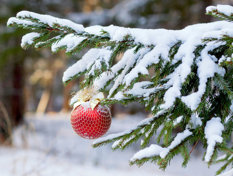 the Christmas fir-tree in snow is decorated with toys