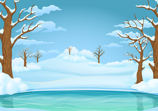 Winter day background. Frozen lake or river with snow covered leafless trees and bushes. Snowy hills and meadows in the background.