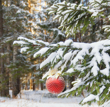 the Christmas fir-tree in snow is decorated with toys