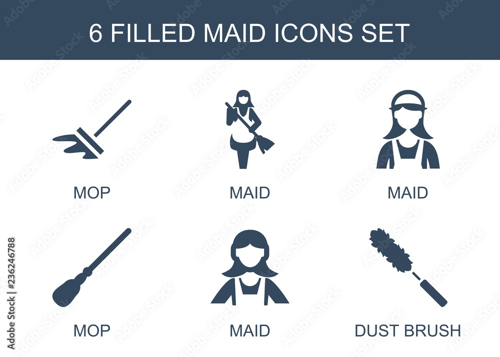 Wall mural maid icons. set of 6 filled maid icons included mop, dust brush on white background. editable maid i