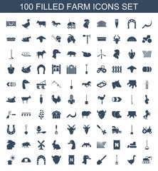 farm icons. Set of 100 filled farm icons included tractor, goose, pitchfork, shovel, bag with ground, goat, Horseshoe on white background. Editable farm icons for web, mobile and infographics.