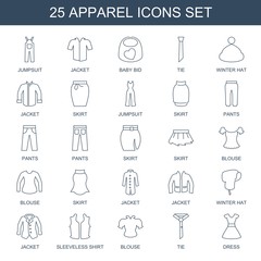 apparel icons. Set of 25 line apparel icons included jumpsuit, jacket, baby bid, tie, winter hat, skirt, pants on white background. Editable apparel icons for web, mobile and infographics.