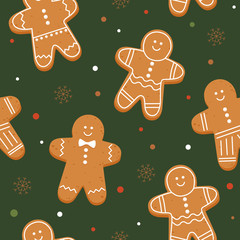 Gingerbread man on green background for Christmas fabrics and decor. Seamless pattern for winter, new year and christmas theme. Set of decorative holiday symbols. Seasonal vector illustration.