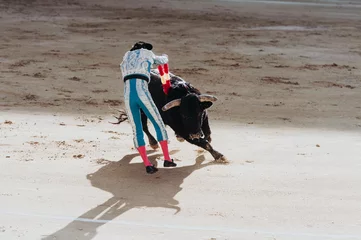 Photo sur Plexiglas Tauromachie Corrida espagnole. Le taureau enragé attaque le torero