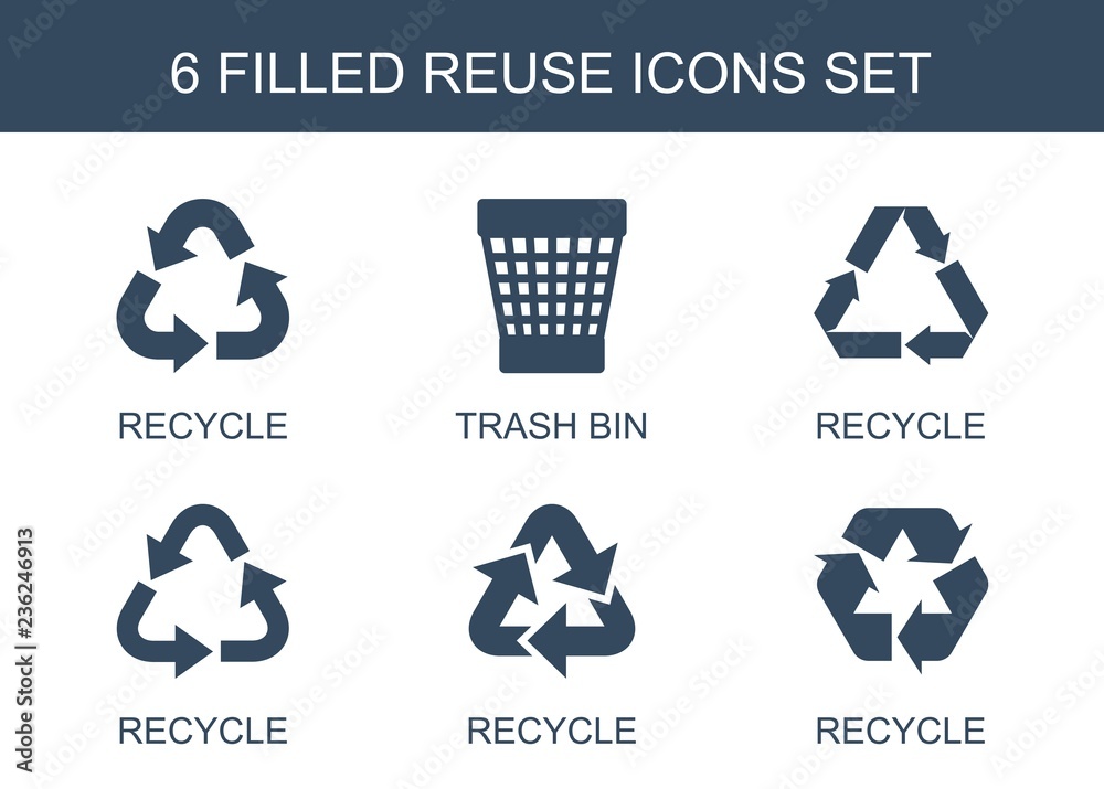 Poster reuse icons. Set of 6 filled reuse icons included recycle, trash bin on white background. Editable reuse icons for web, mobile and infographics.