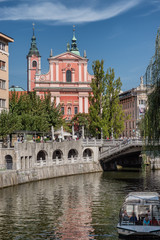 Ljubljana city center with canals and waterfront in Slovenia