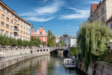 Fototapeta premium Ljubljana city center with canals and waterfront in Slovenia