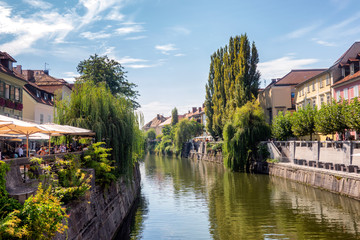 Ljubljana city center with canals and waterfront in Slovenia