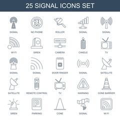 signal icons. Set of 25 line signal icons included no phone, roller, wi fi, siren, camera, candle, TV, door ringer on white background. Editable signal icons for web, mobile and infographics.