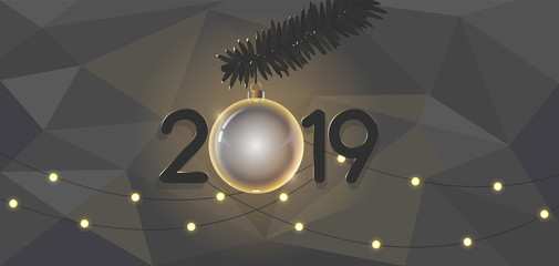stylish background new year 2019 beautiful design branches of spruce and new year toys