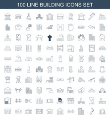building icons. Set of 100 line building icons included cargo barn, blowtorch, bridge, bank, garage, sliding doors on white background. Editable building icons for web, mobile and infographics.