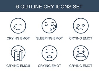 cry icons. Set of 6 outline cry icons included crying emot, sleeping emot, crying emoji on white background. Editable cry icons for web, mobile and infographics.