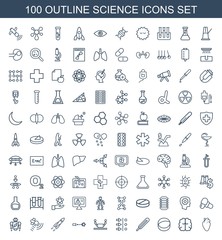 science icons. Set of 100 outline science icons included heart organ, brain, atom, themometer, atom move on white background. Editable science icons for web, mobile and infographics.