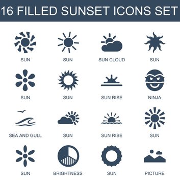 sunset icons. Set of 16 filled sunset icons included sun, sun cloud, sun rise, ninja, sea and gull, brightness on white background. Editable sunset icons for web, mobile and infographics.