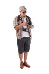 Traveling People Isolated on White. Male Backpacker Tourist Broke Empty Wallet