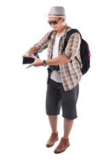Traveling People Isolated on White. Male Backpacker Tourist Broke Empty Wallet