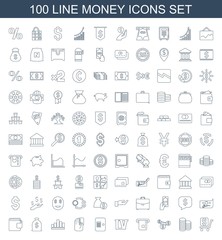 Fototapeta na wymiar money icons. Set of 100 line money icons included dollar, coin, credit card in atm, Vegas, atm, credit card in hand on white background. Editable money icons for web, mobile and infographics.