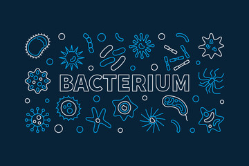 Obraz na płótnie Canvas Bacterium creative horizontal banner. Vector microbiology blue illustration made with bacteria concept outline icons on dark background